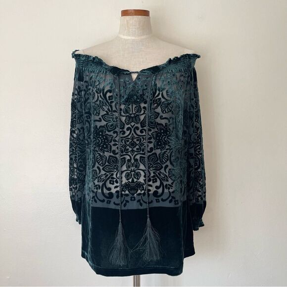 Sundance Green floral burnout off the shoulder sheer blouse top Small - Picture 2 of 7